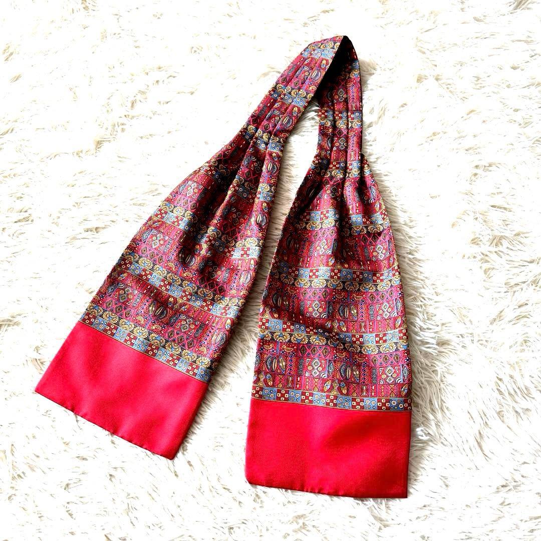 極美品　HERMES エルメス アスコットタイ シルク 幾何学柄 レッド 箱付