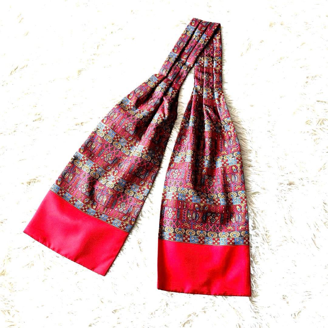 極美品　HERMES エルメス アスコットタイ シルク 幾何学柄 レッド 箱付