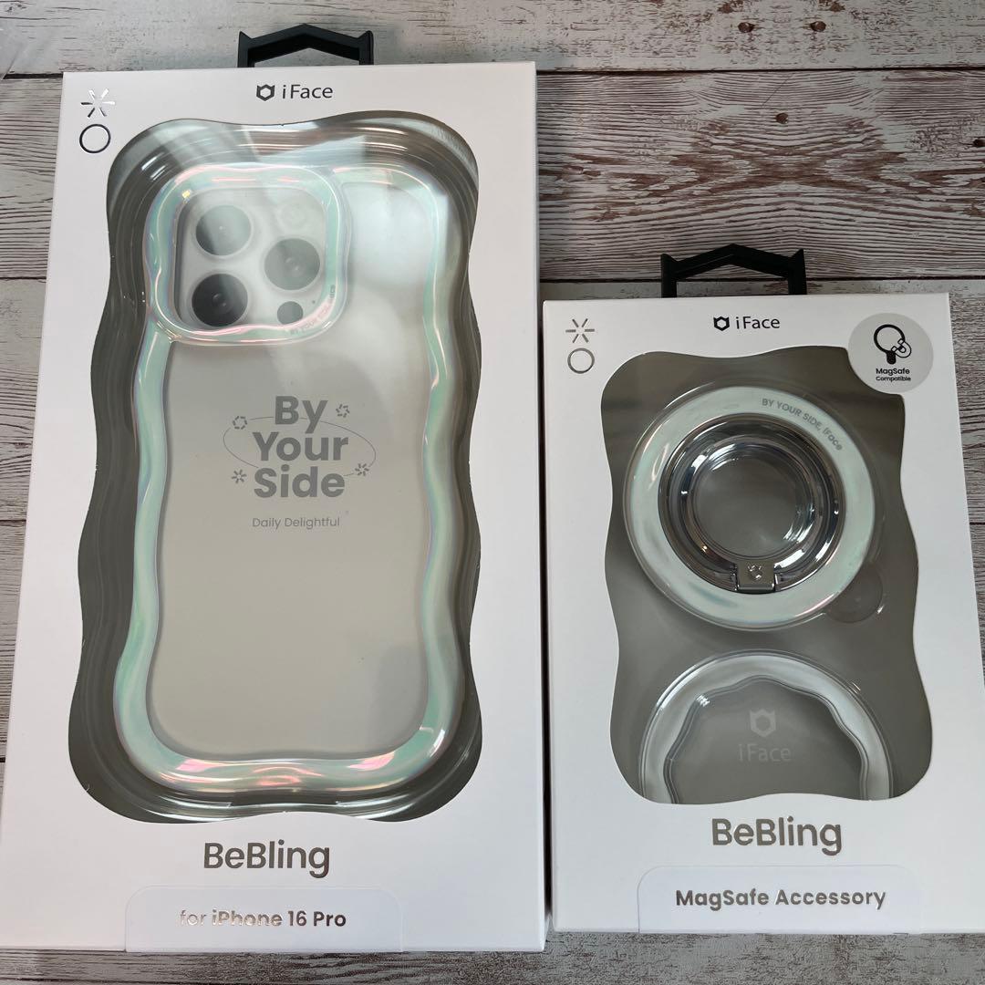 新品iPhone16proホワイトオーロラとリングセットifaceBeBling