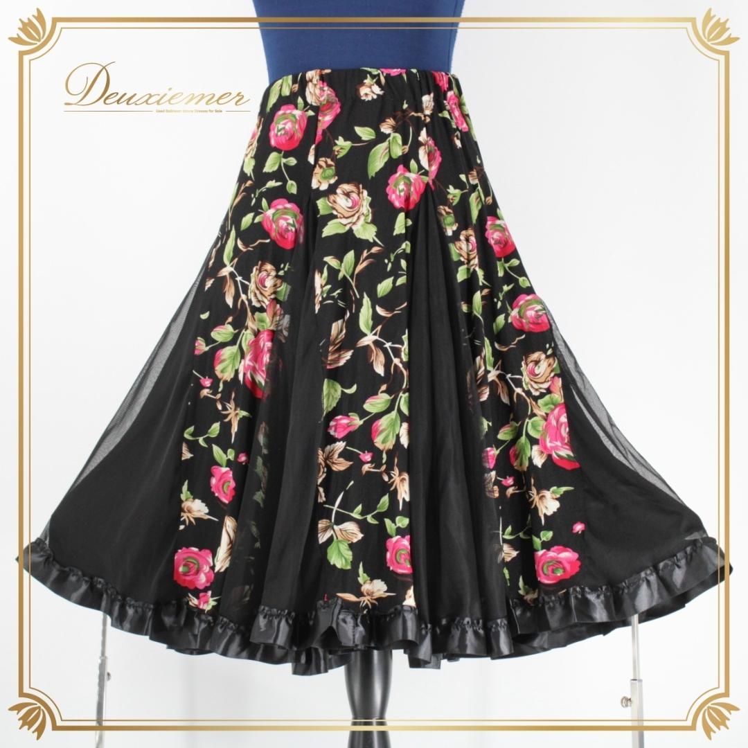 【美品 社交ダンス衣装】ブラック gentil スカート 黒 花柄 ストレッチ