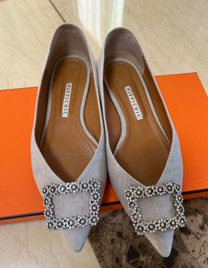 PIPPICHIC グレー ビジュー付きフラットシューズ 38