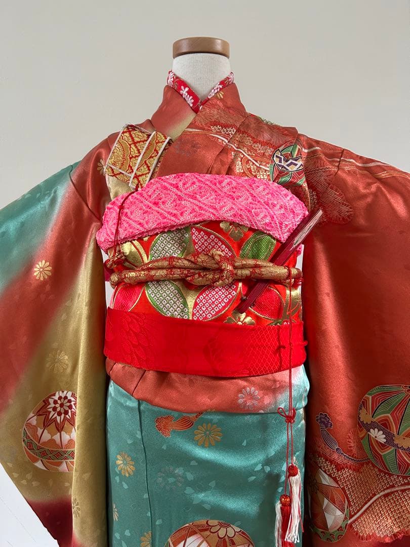 プ*s様 7歳　七五三　正絹着物、帯、帯揚げ、帯締め　しごき　バッグはこせこ扇子