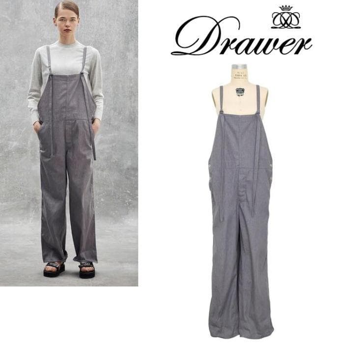 ドゥロワー Drawer オールインワン デニムオーバーオール ロゴ刺繍 グレー