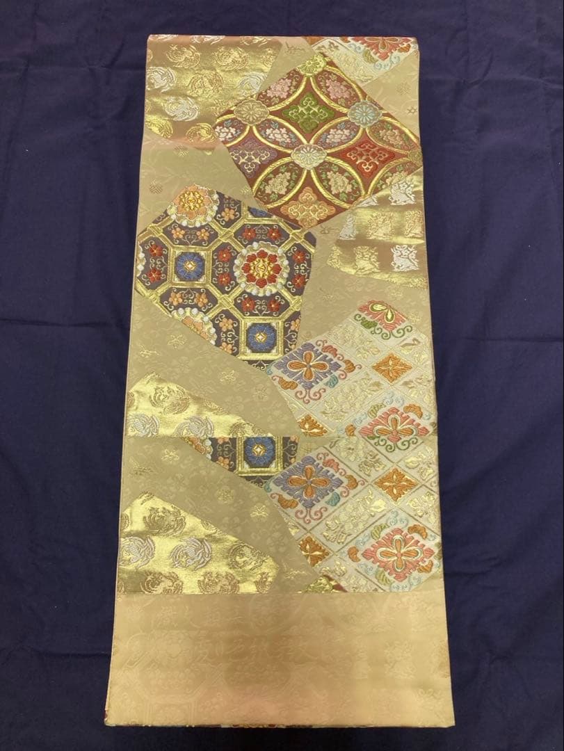 袋帯セット 金色 花柄 幾何学模様