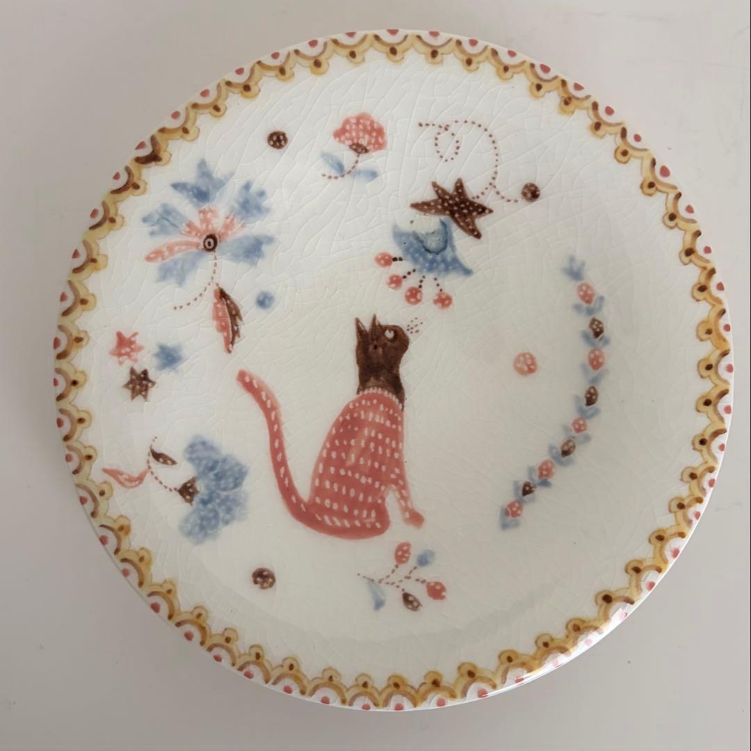 【未使用】升たか　色絵　花猫紋小皿