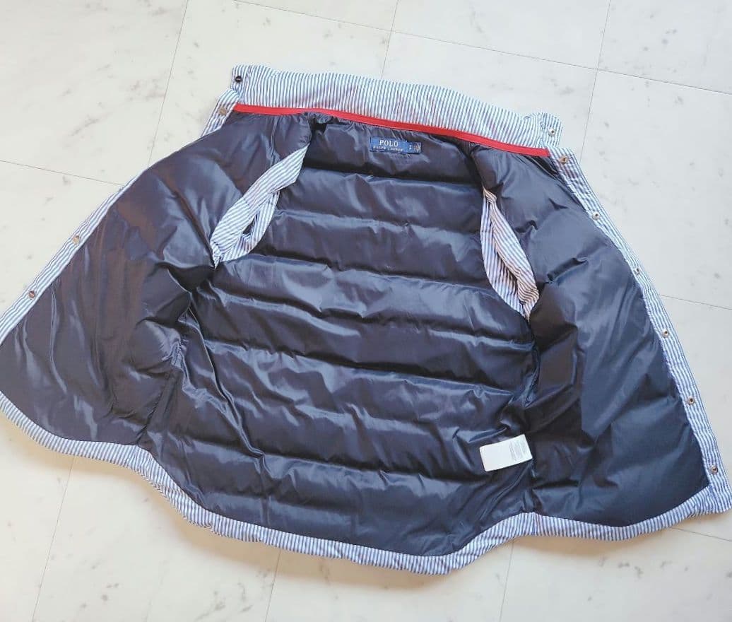 美品 ラルフローレン ダウンベスト ポニー刺繍 ストライプ 青×白