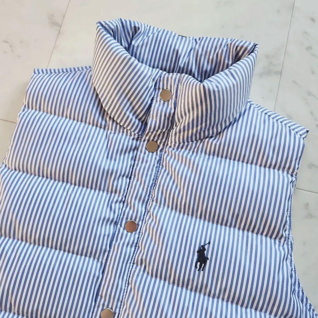 美品 ラルフローレン ダウンベスト ポニー刺繍 ストライプ 青×白