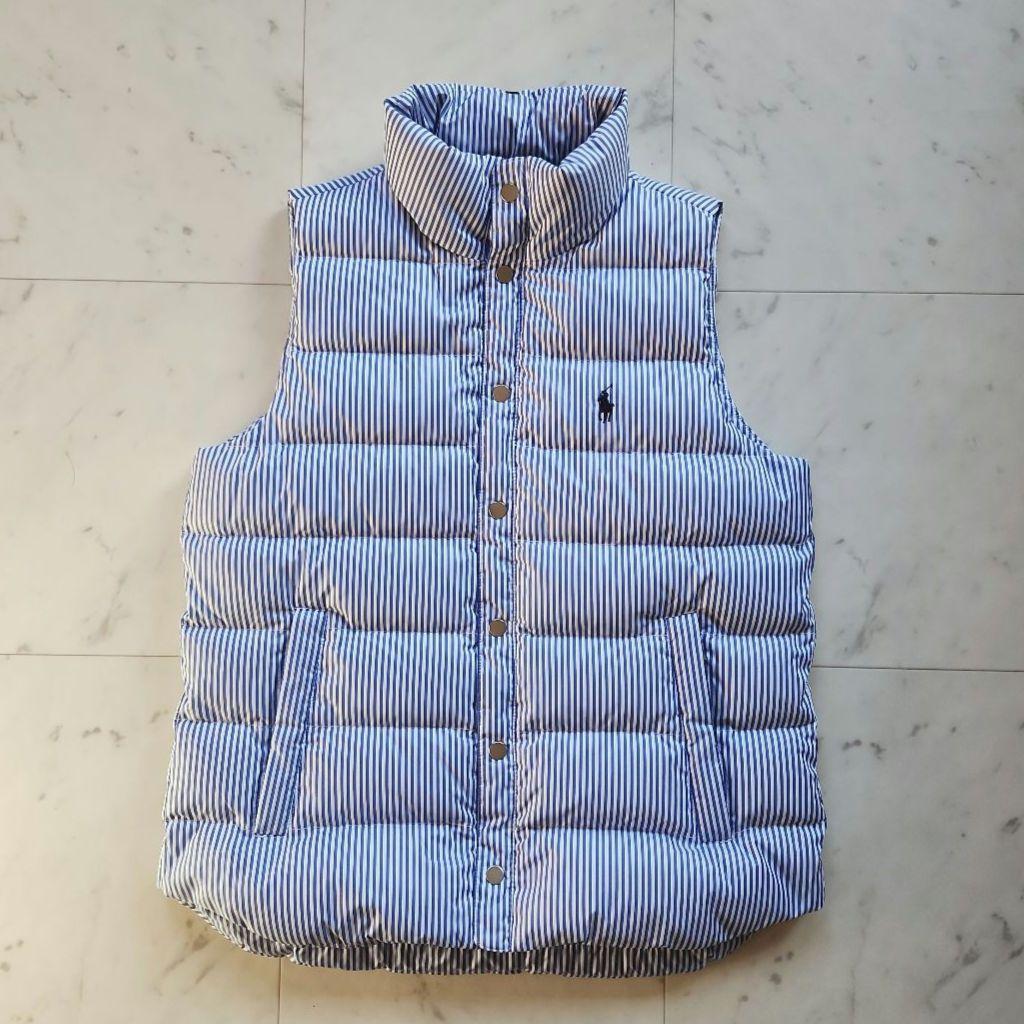 美品 ラルフローレン ダウンベスト ポニー刺繍 ストライプ 青×白