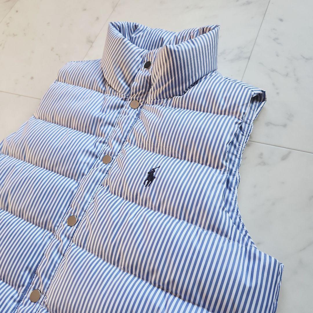 美品 ラルフローレン ダウンベスト ポニー刺繍 ストライプ 青×白