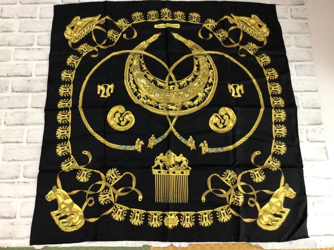 W004 保管品 HERMES/エルメス 大判 スカーフ ホース柄 古着