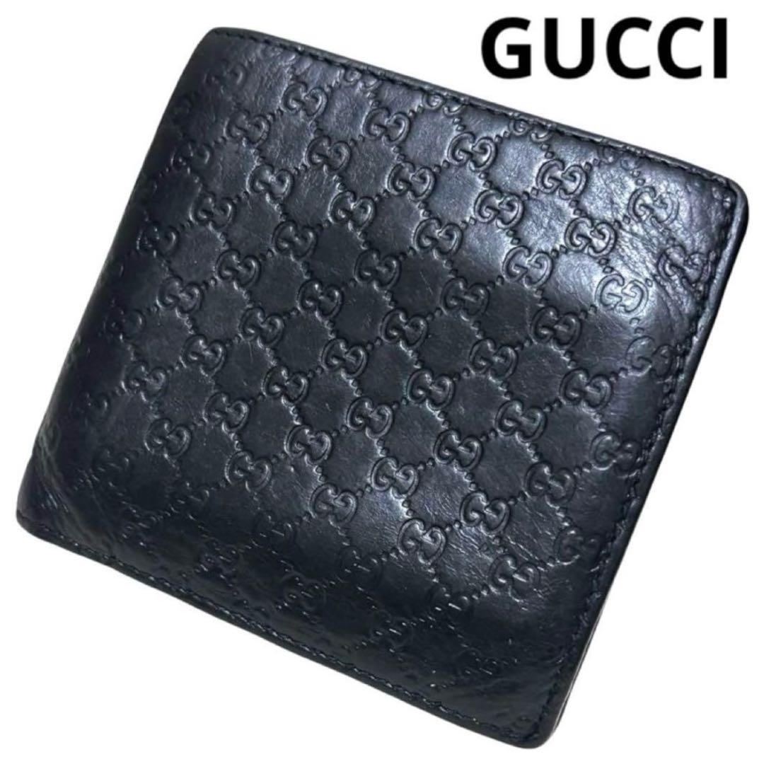 人気　グッチ　折り財布　マイクロGG　シマレザー　ブラック　フラップ　GG柄