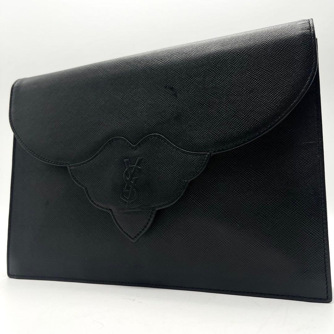 美品 イヴサンローラン クラッチバッグ YSLロゴ　レザー　ブラック