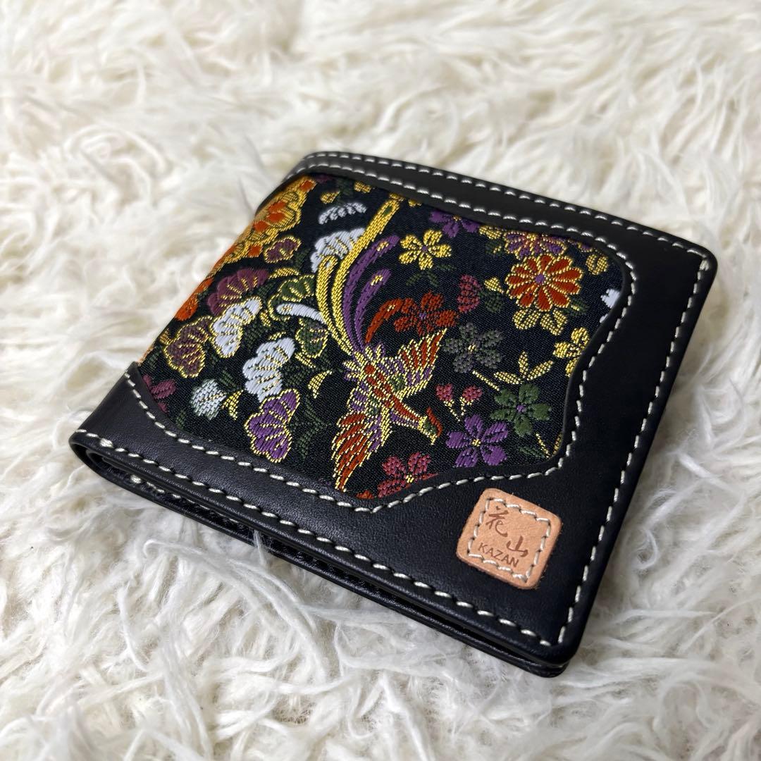 ✨未使用　DEGNER 花山 KAZAN 花鳥風月　二つ折り財布　刺繍 ブラック