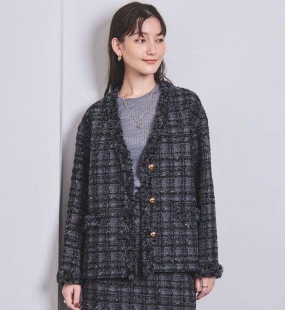 UNITEDARROWS ファンシーツイード Vノーカラー ジャケット