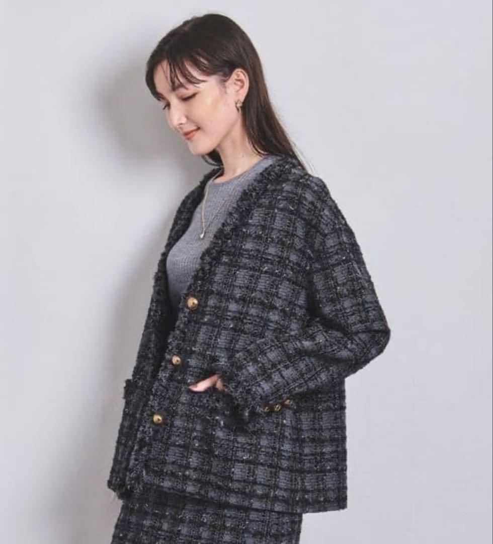 UNITEDARROWS ファンシーツイード Vノーカラー ジャケット