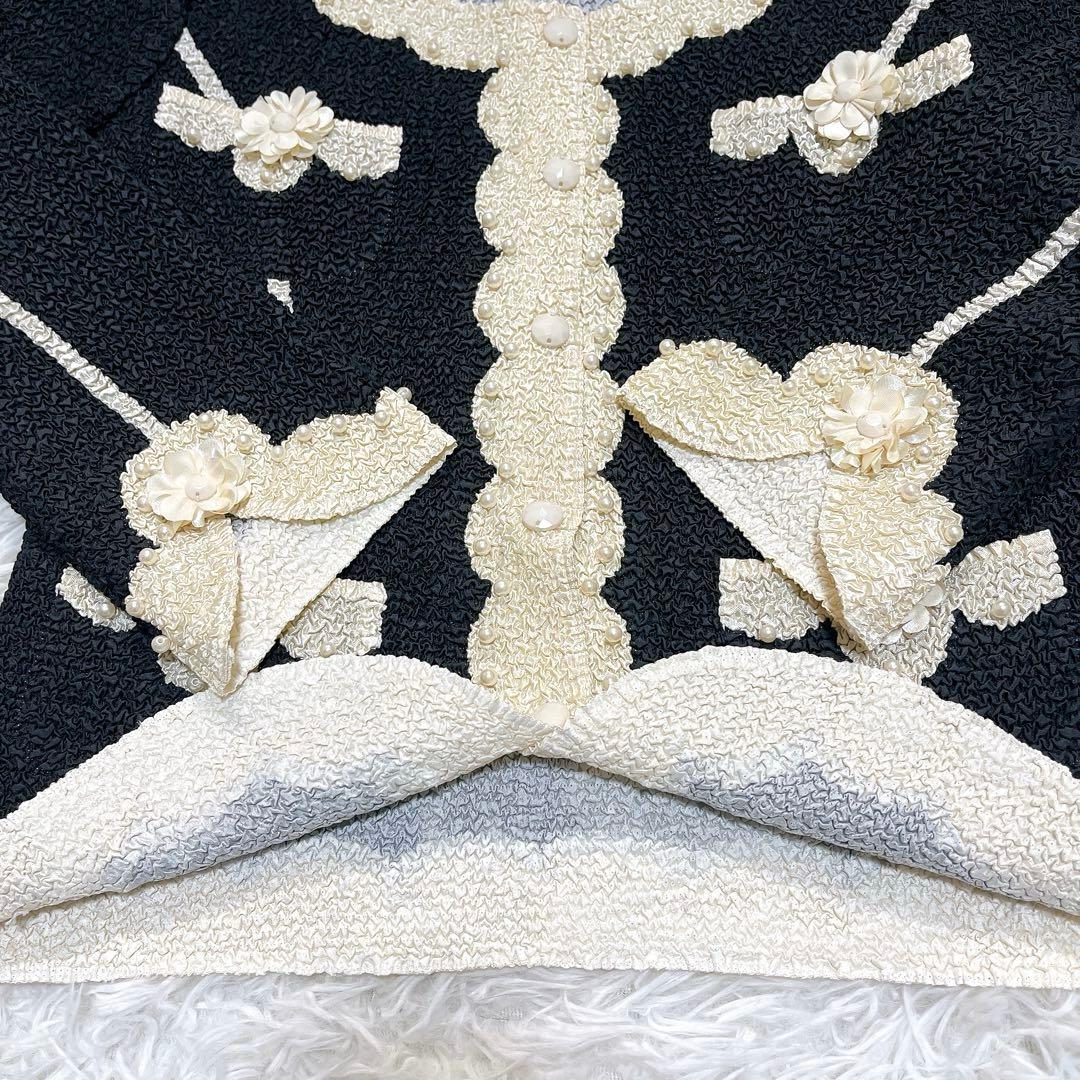 【極美品】ノコオーノ ジャケット 40 ブラック アイボリー パール フラワー