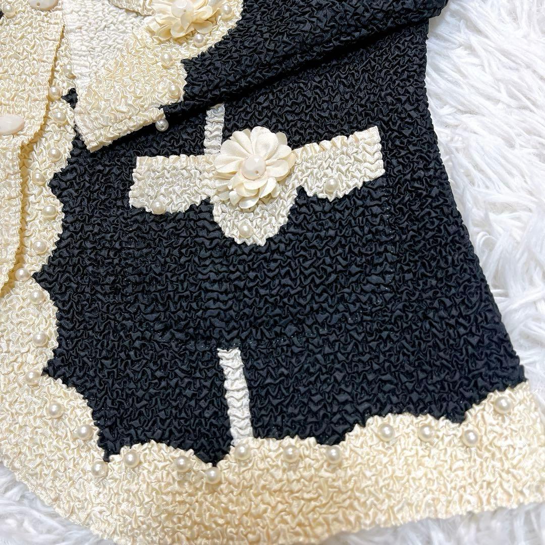 【極美品】ノコオーノ ジャケット 40 ブラック アイボリー パール フラワー