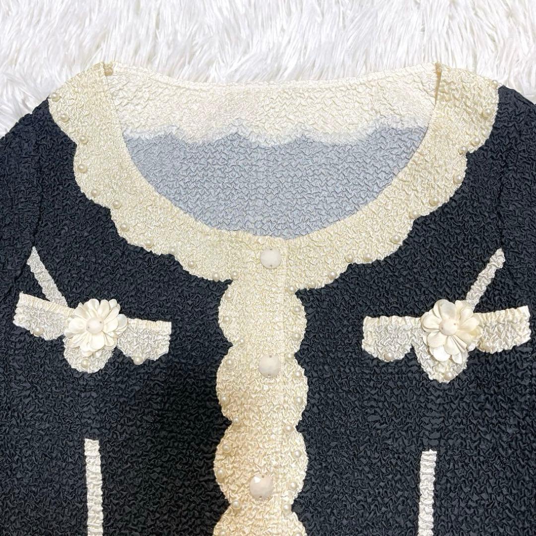 【極美品】ノコオーノ ジャケット 40 ブラック アイボリー パール フラワー