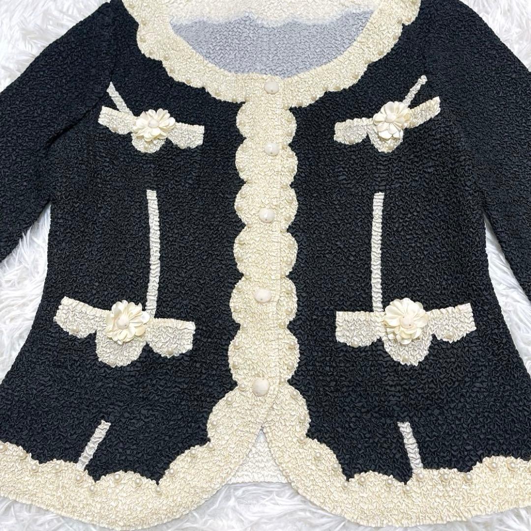 【極美品】ノコオーノ ジャケット 40 ブラック アイボリー パール フラワー