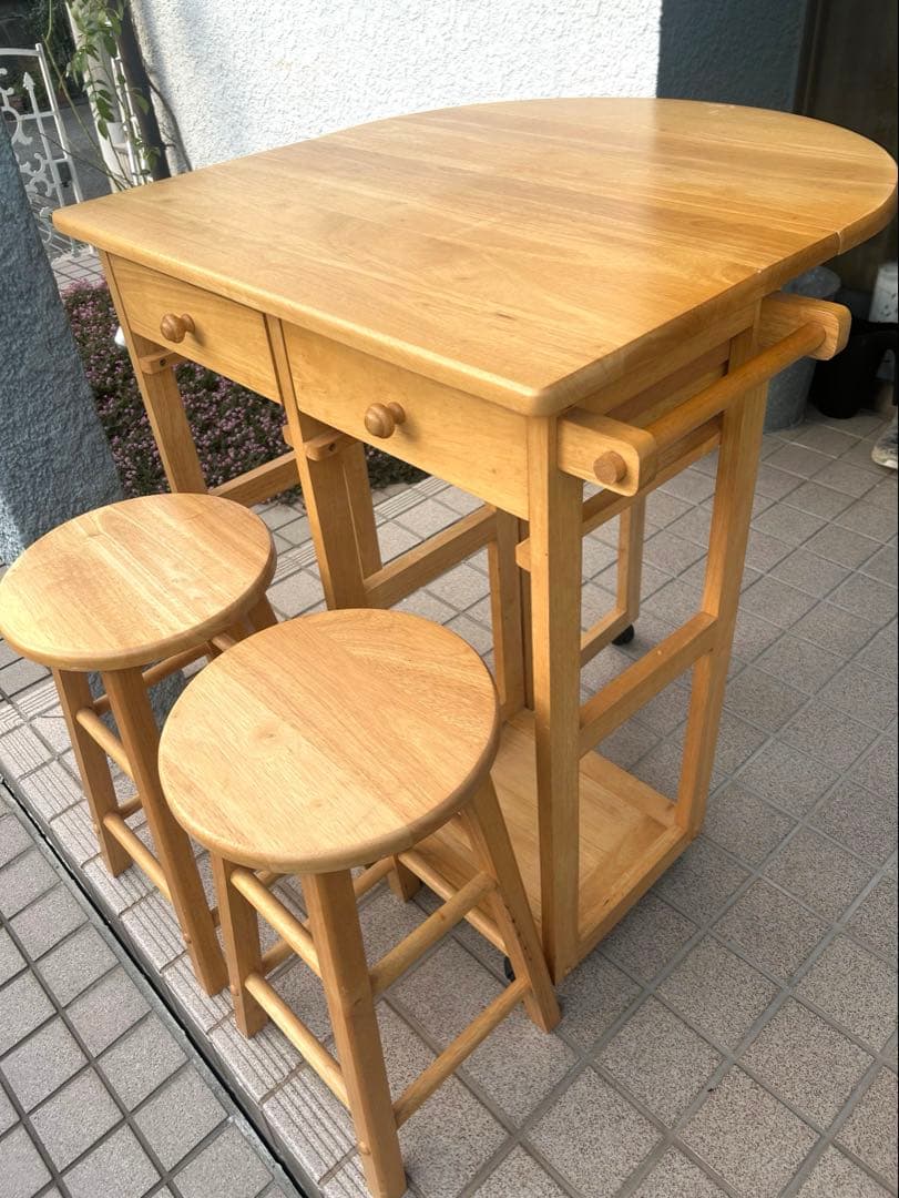 キッチン　カウンターワゴン　テーブル　キャスター 椅子2脚　引き出し　収納付き