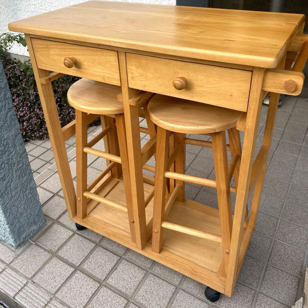 キッチン　カウンターワゴン　テーブル　キャスター 椅子2脚　引き出し　収納付き