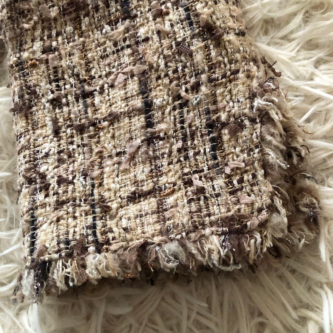 ANAYI【36】アナイ　ミックスツイードノーカラージャケット　フリンジブラウン