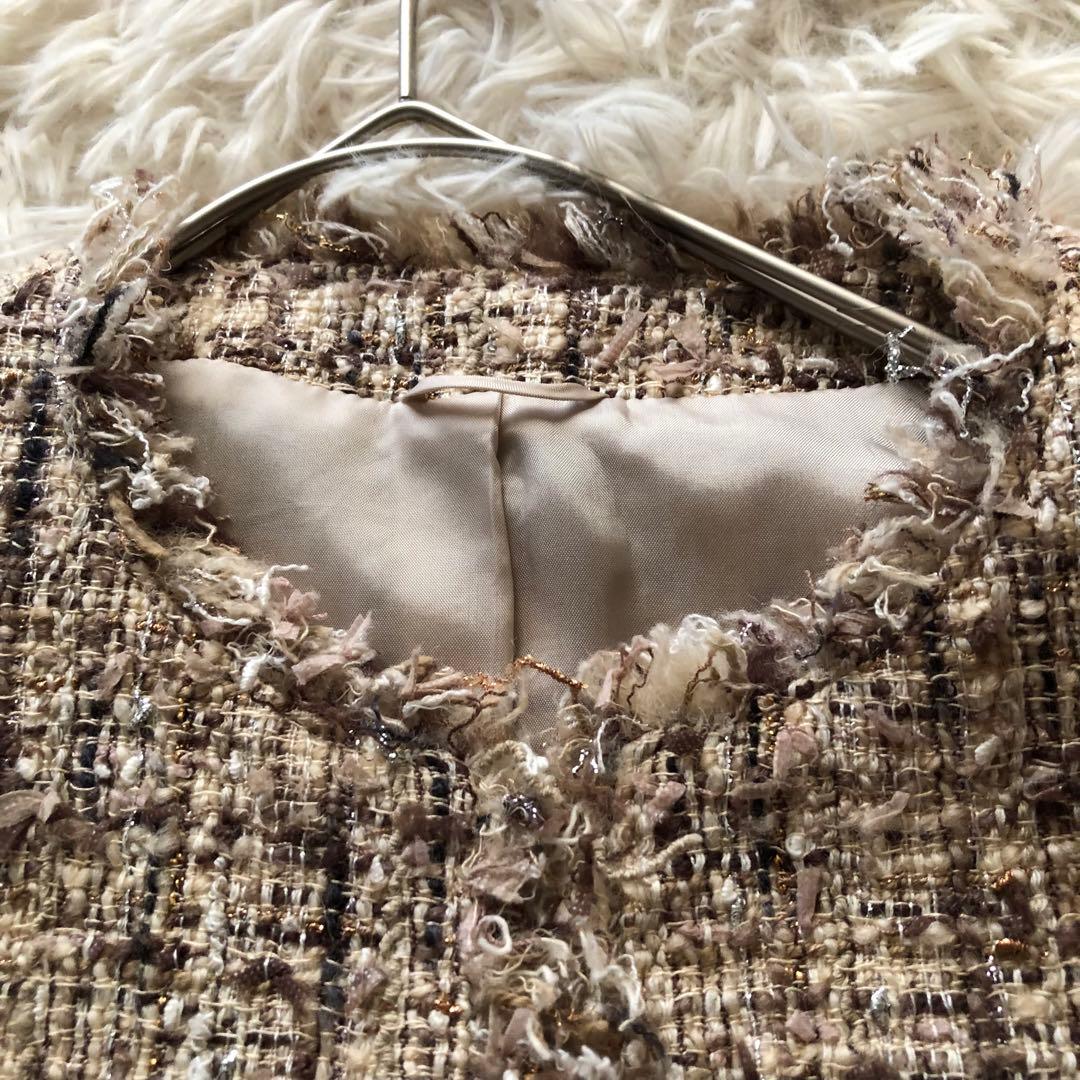 ANAYI【36】アナイ　ミックスツイードノーカラージャケット　フリンジブラウン