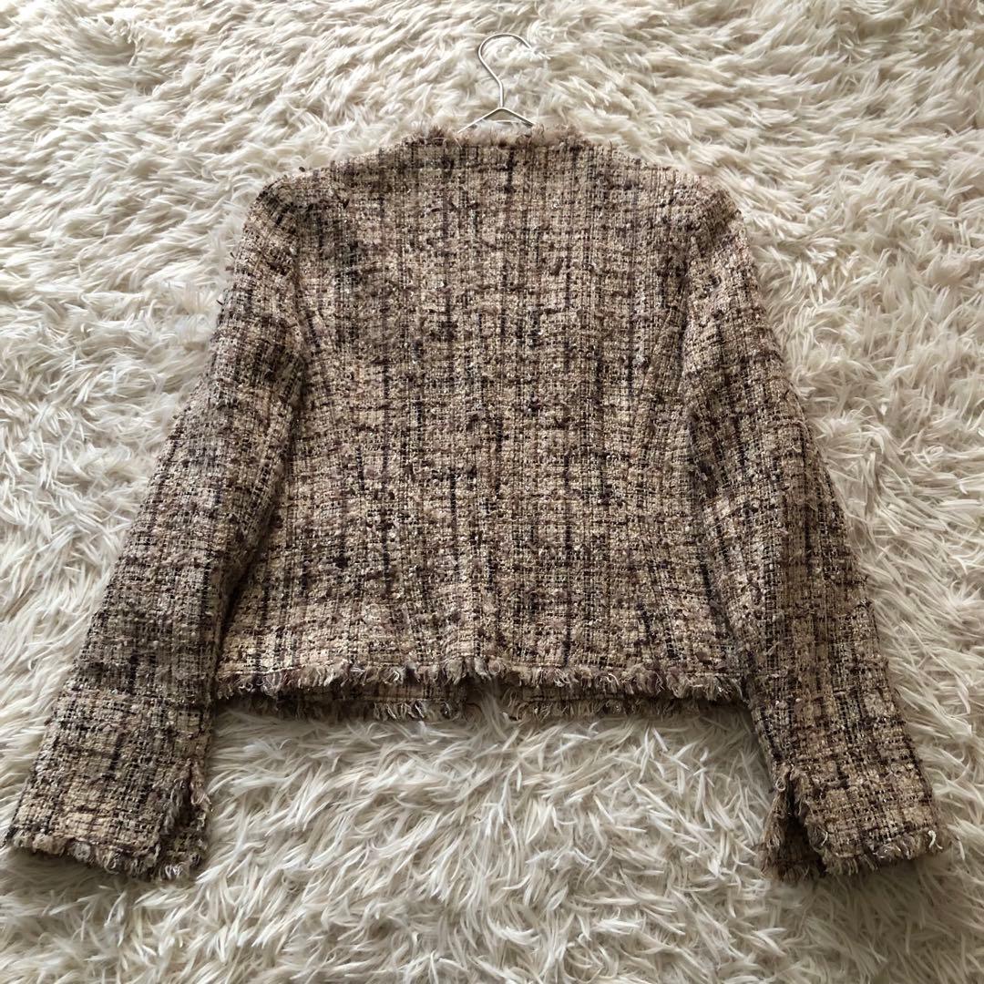 ANAYI【36】アナイ　ミックスツイードノーカラージャケット　フリンジブラウン