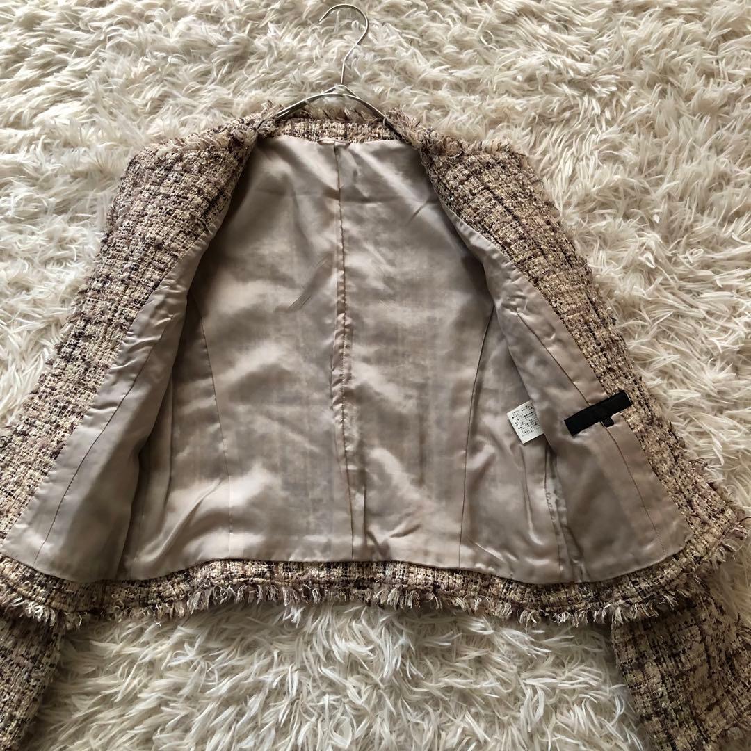 ANAYI【36】アナイ　ミックスツイードノーカラージャケット　フリンジブラウン