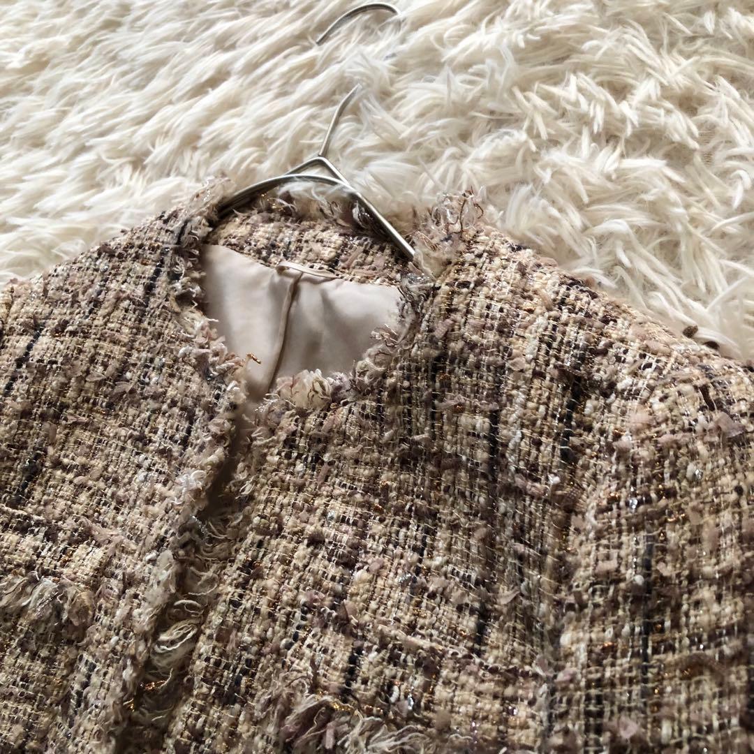 ANAYI【36】アナイ　ミックスツイードノーカラージャケット　フリンジブラウン