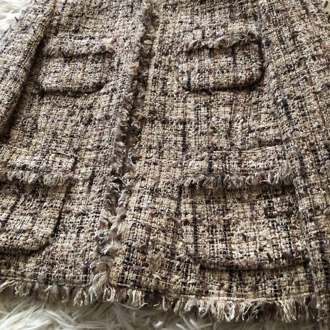 ANAYI【36】アナイ　ミックスツイードノーカラージャケット　フリンジブラウン