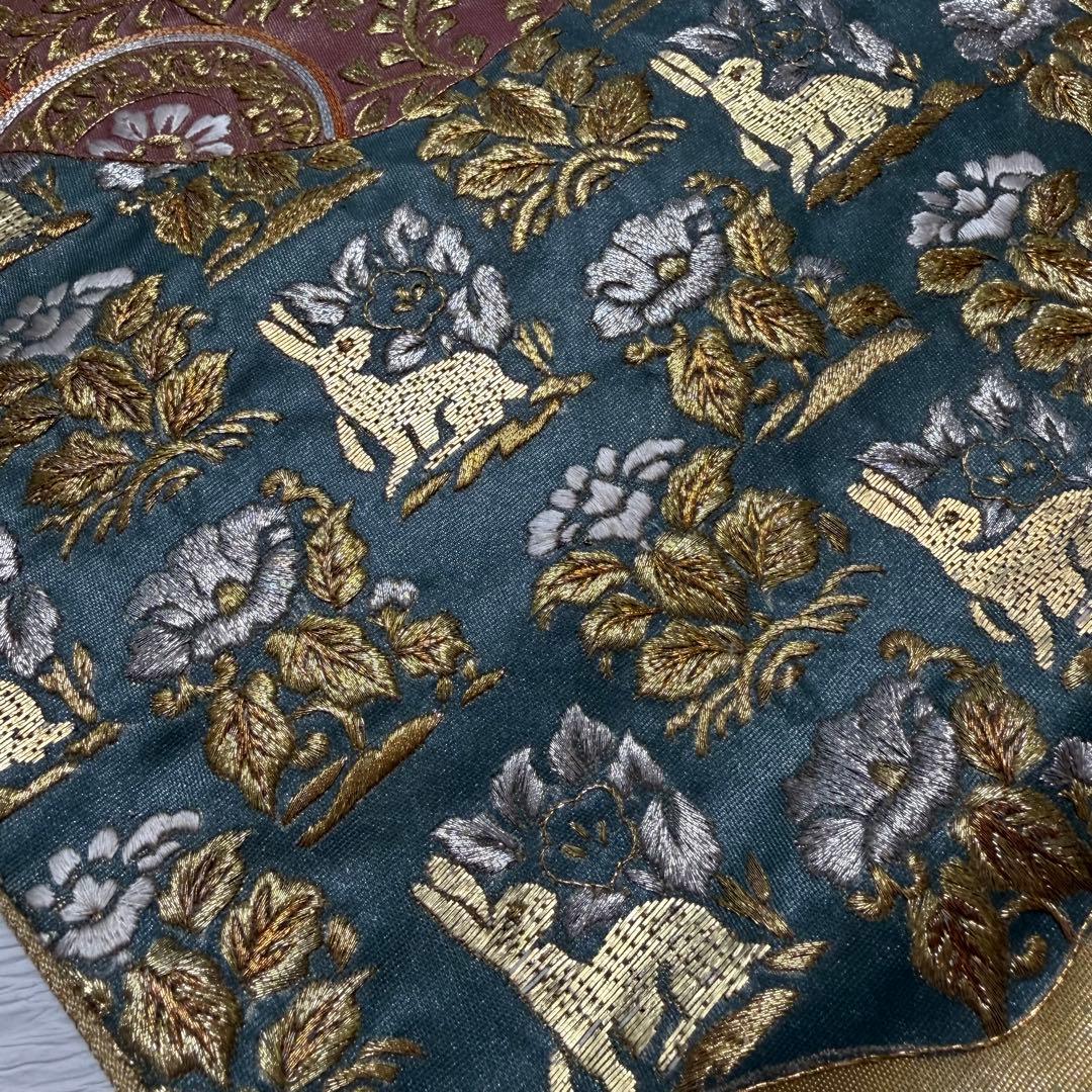 m-92 総刺繍　金駒刺繍　蘇州刺繍 鳥 花兎 金糸 袋帯 正絹