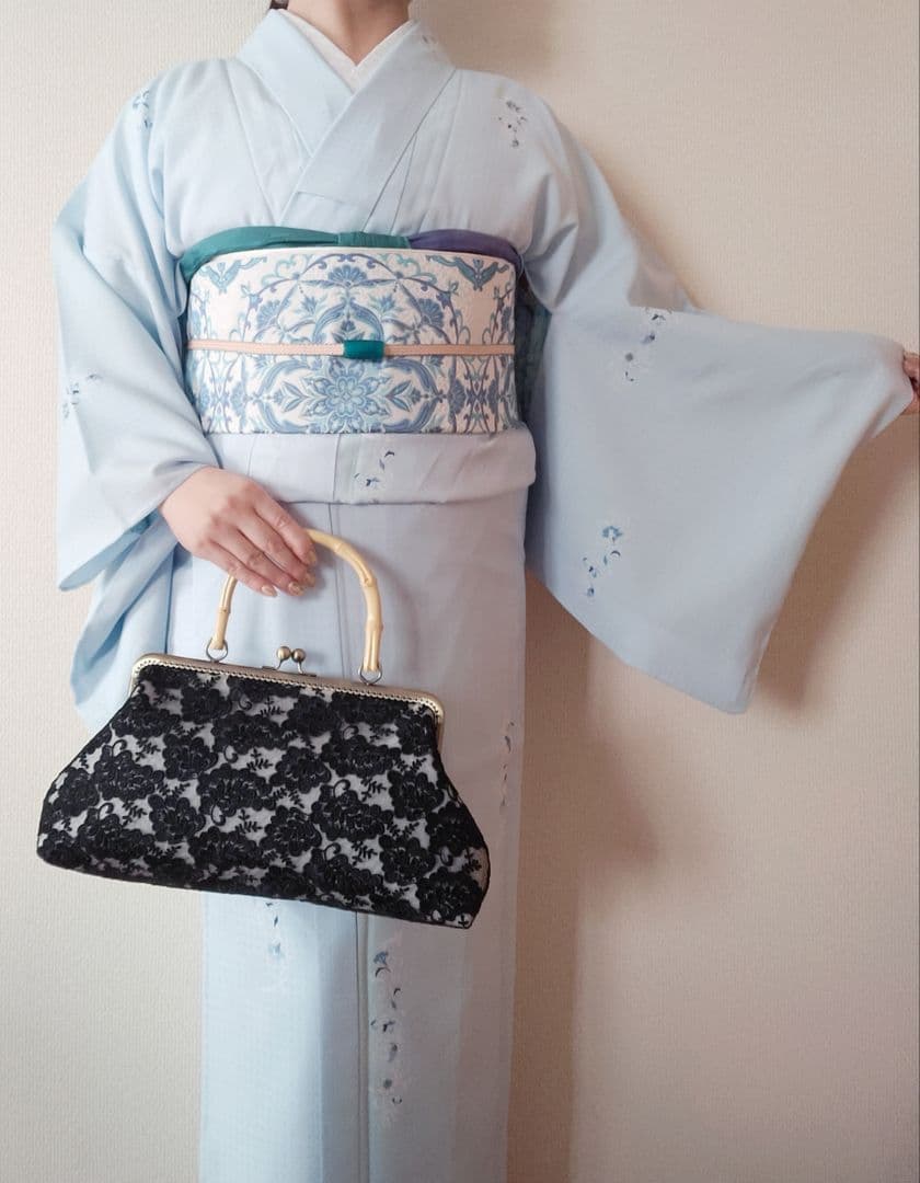 MUGIBAG*ブラックチュールレース*がま口バッグ*バンブーバッグ*和装バッグ