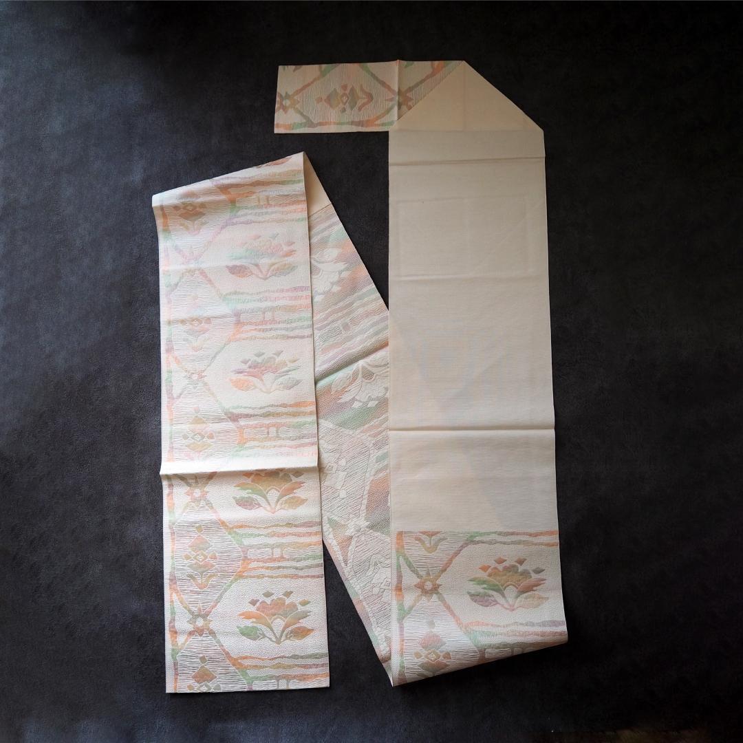 【未使用品】本場筑前博多織 正絹 八寸名古屋帯♪ オリエンタル モダン パステル