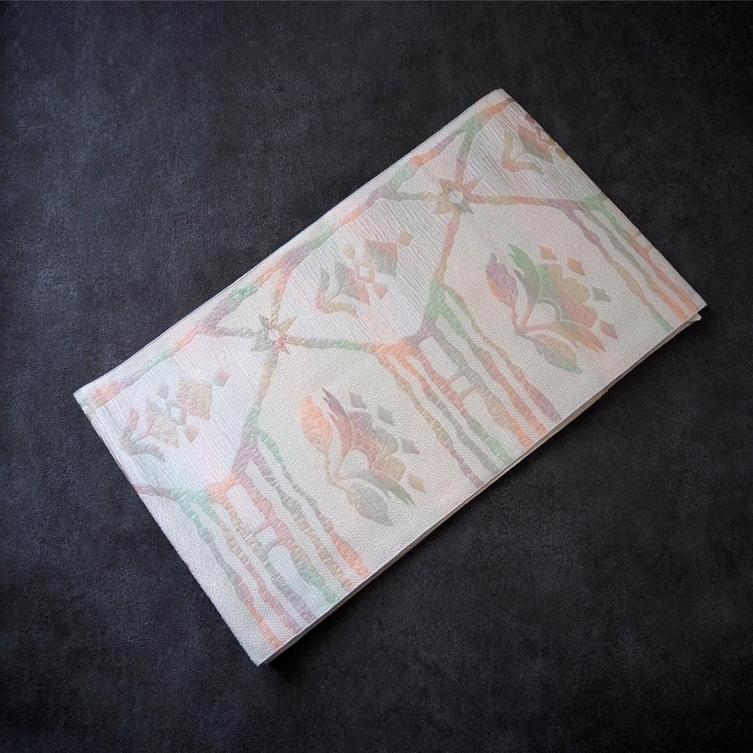 【未使用品】本場筑前博多織 正絹 八寸名古屋帯♪ オリエンタル モダン パステル