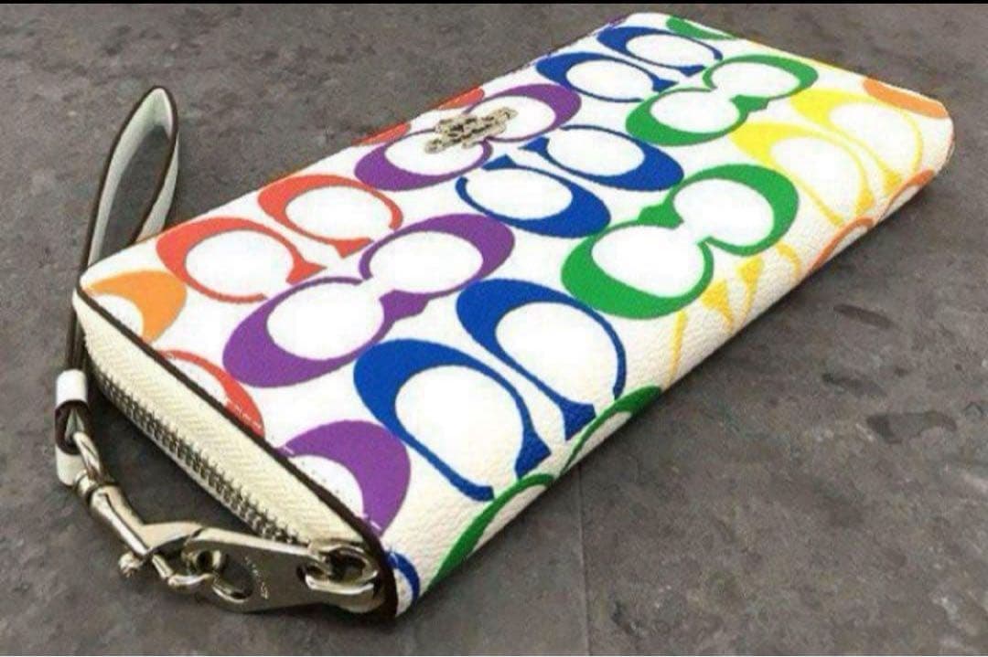 COACH長財布レインボーマルチカラーシグネチャーホワイト.白ストラップ付.新品