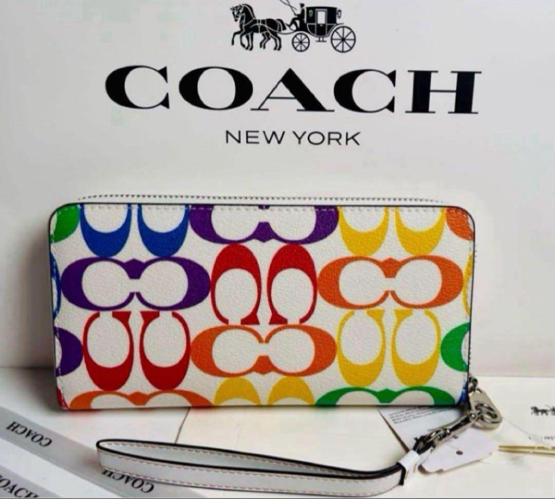 COACH長財布レインボーマルチカラーシグネチャーホワイト.白ストラップ付.新品