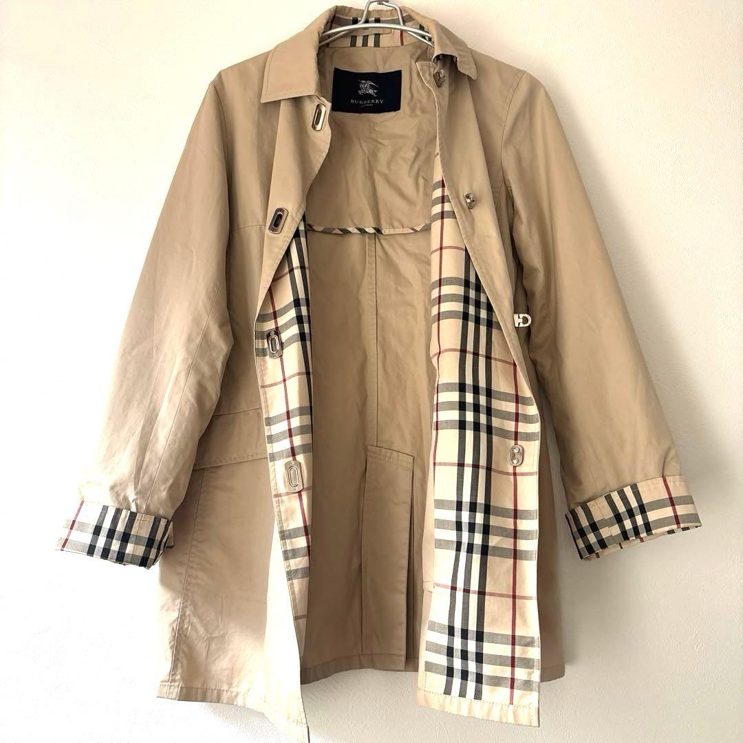 ベージュ ステンカラーコート チェック柄袖