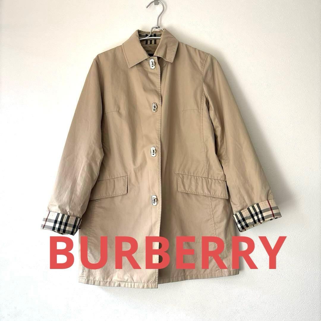 ベージュ ステンカラーコート チェック柄袖