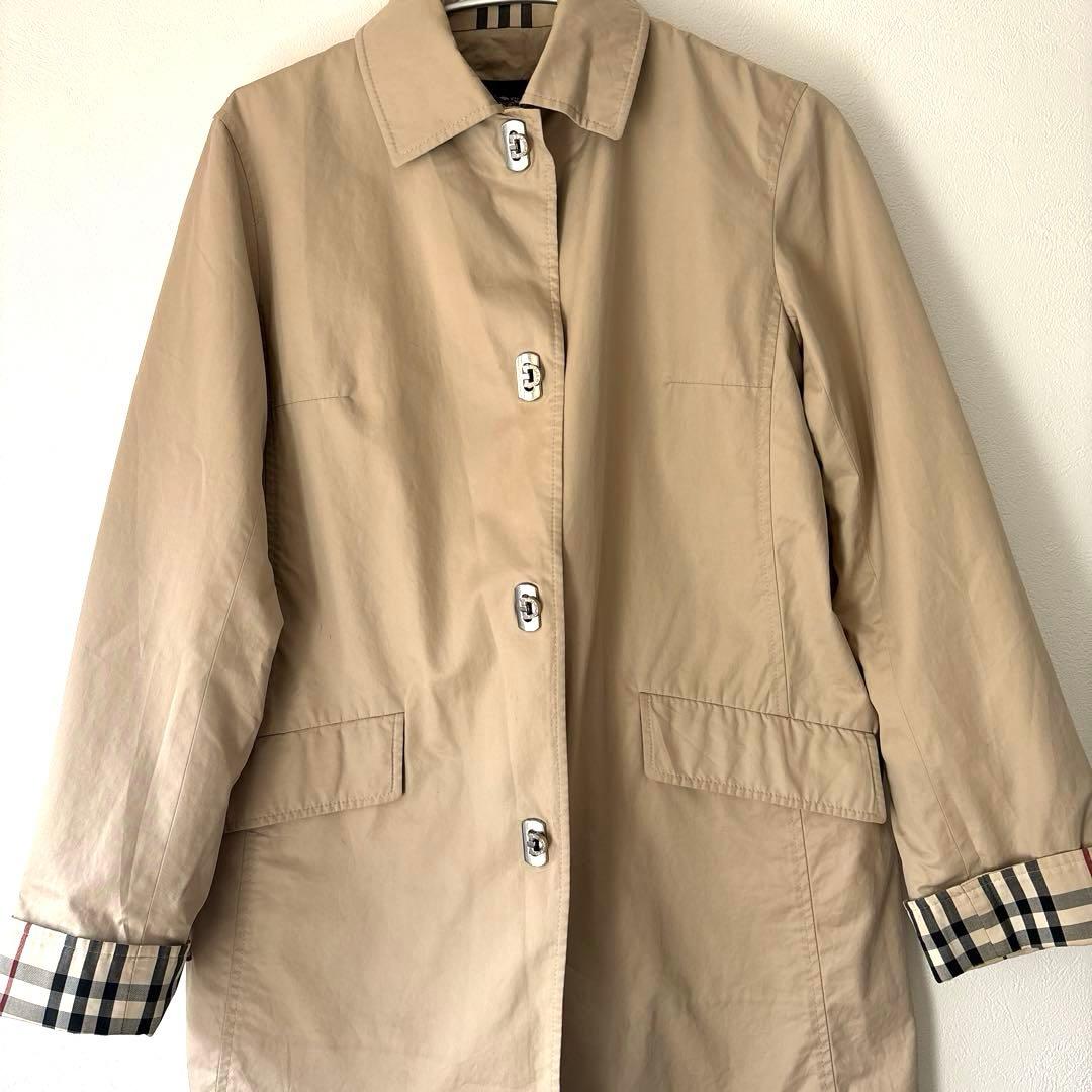 ベージュ ステンカラーコート チェック柄袖