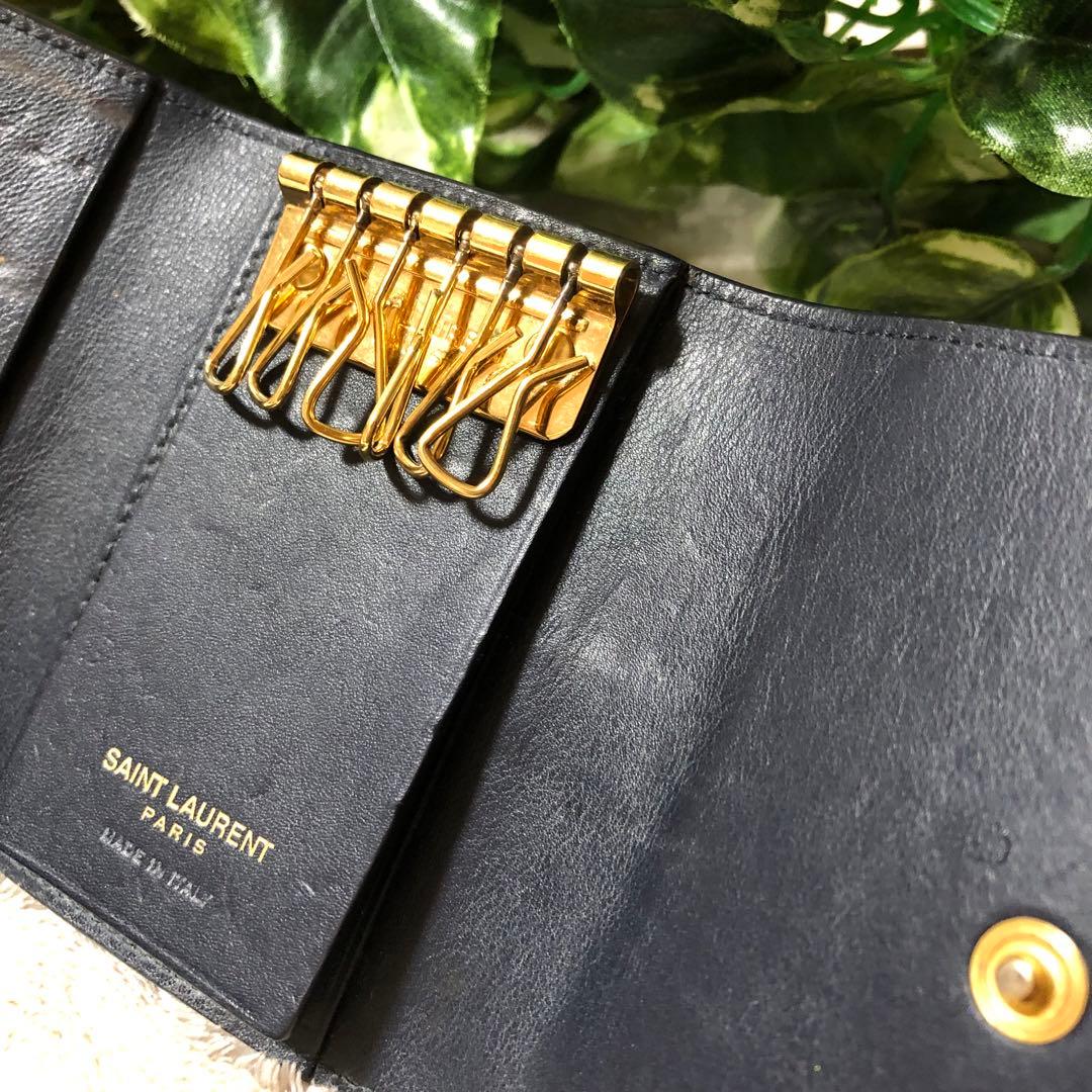 ☆リュウタ☆イヴサンローラン　キーケース　6連　ネイビー　YSL ロゴ　金