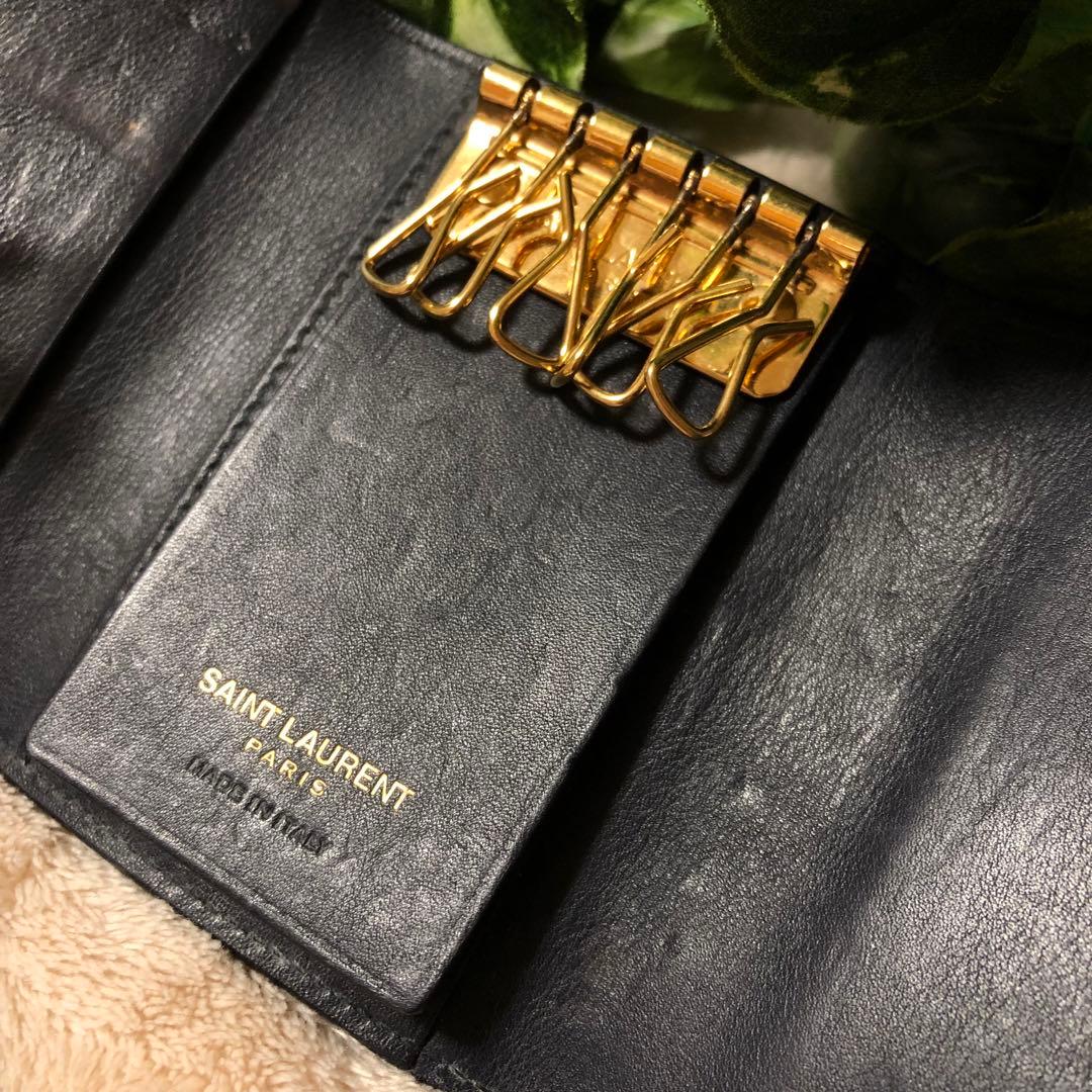 ☆リュウタ☆イヴサンローラン　キーケース　6連　ネイビー　YSL ロゴ　金