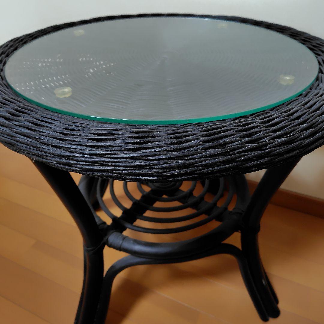 ニトリ　円形　ガラス天板　ラタン　テーブル　黒