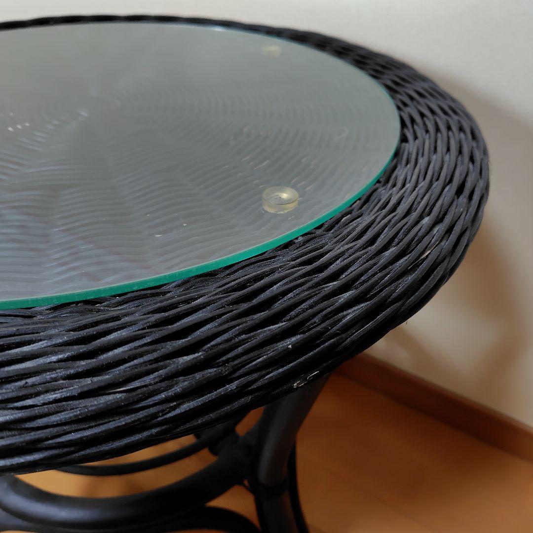 ニトリ　円形　ガラス天板　ラタン　テーブル　黒