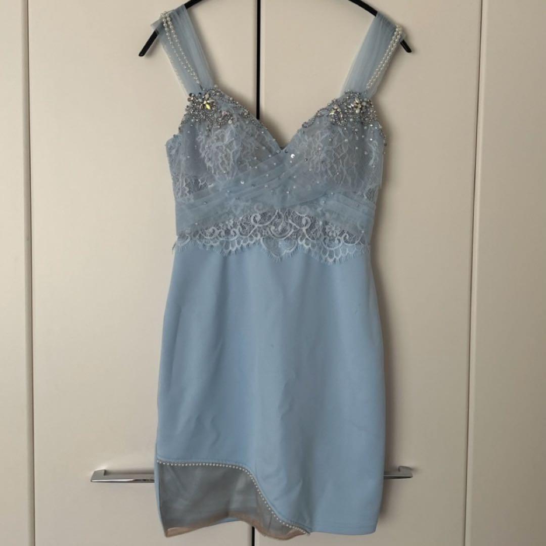 Angel R ビジューレース ミニドレス Mサイズ サックスブルー