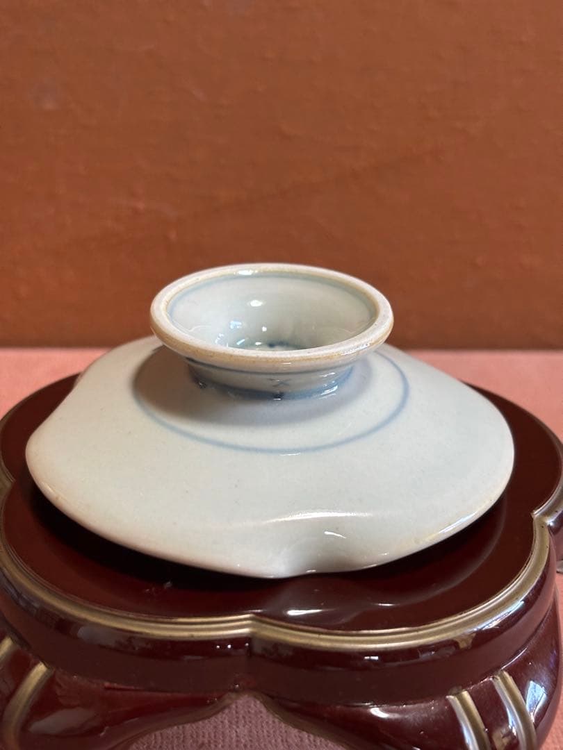 五代佐藤走波作六十六歳作色絵染付岩犬草文三ツ葉形高台皿五客揃　未使用　一点物