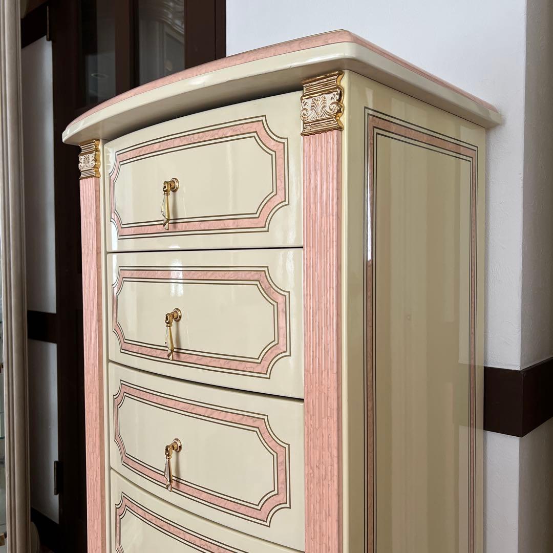 k412r120 イタリア製 ロココ調ハイチェスト スリム 6段 白家具 姫系