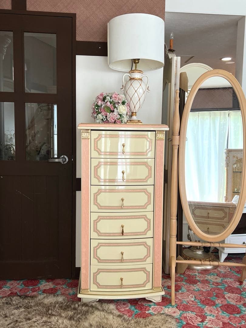 k412r120 イタリア製 ロココ調ハイチェスト スリム 6段 白家具 姫系