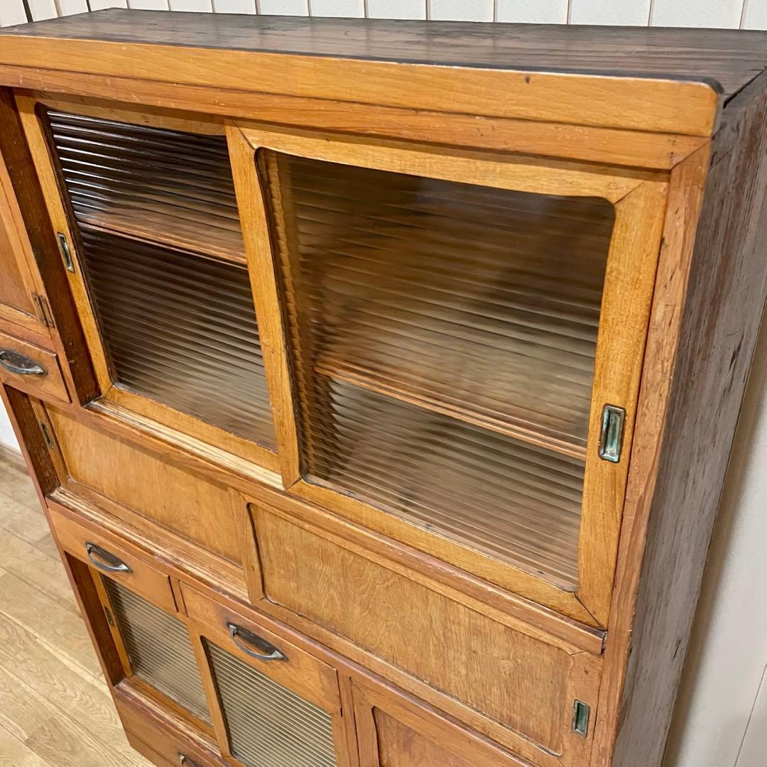 昭和 レトロ　戸棚　モールガラス　食器棚　本棚　アンティーク　当時物　水屋