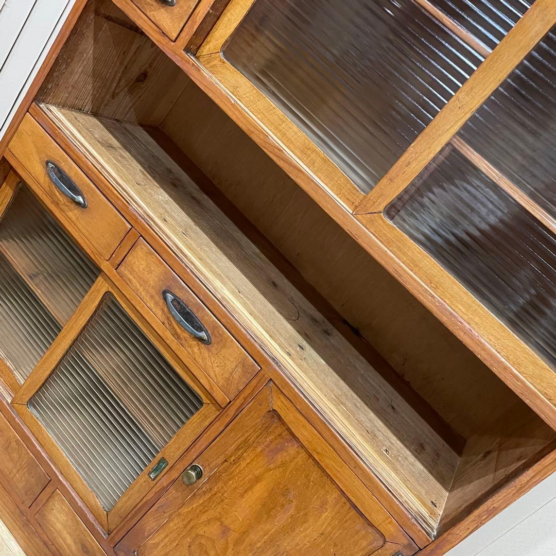 昭和 レトロ　戸棚　モールガラス　食器棚　本棚　アンティーク　当時物　水屋